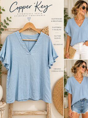 Copper Key Light Blue V-Neck Flutter Sleeve Relaxed Blouse Size Large